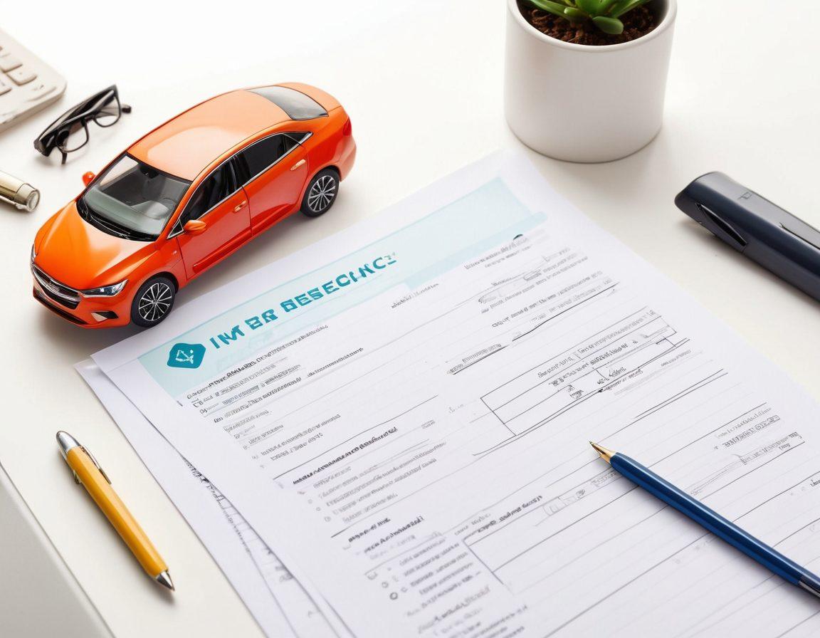 A split-screen image showcasing two distinct car insurance offers side by side, with one representing a low-cost plan and the other a premium plan. Include a calculator and a notepad filled with handwritten tips on saving money. In the background, a family and a car symbolizing security and protection. Bright colors to evoke positivity and trust. digital art. vibrant colors. clean white background.