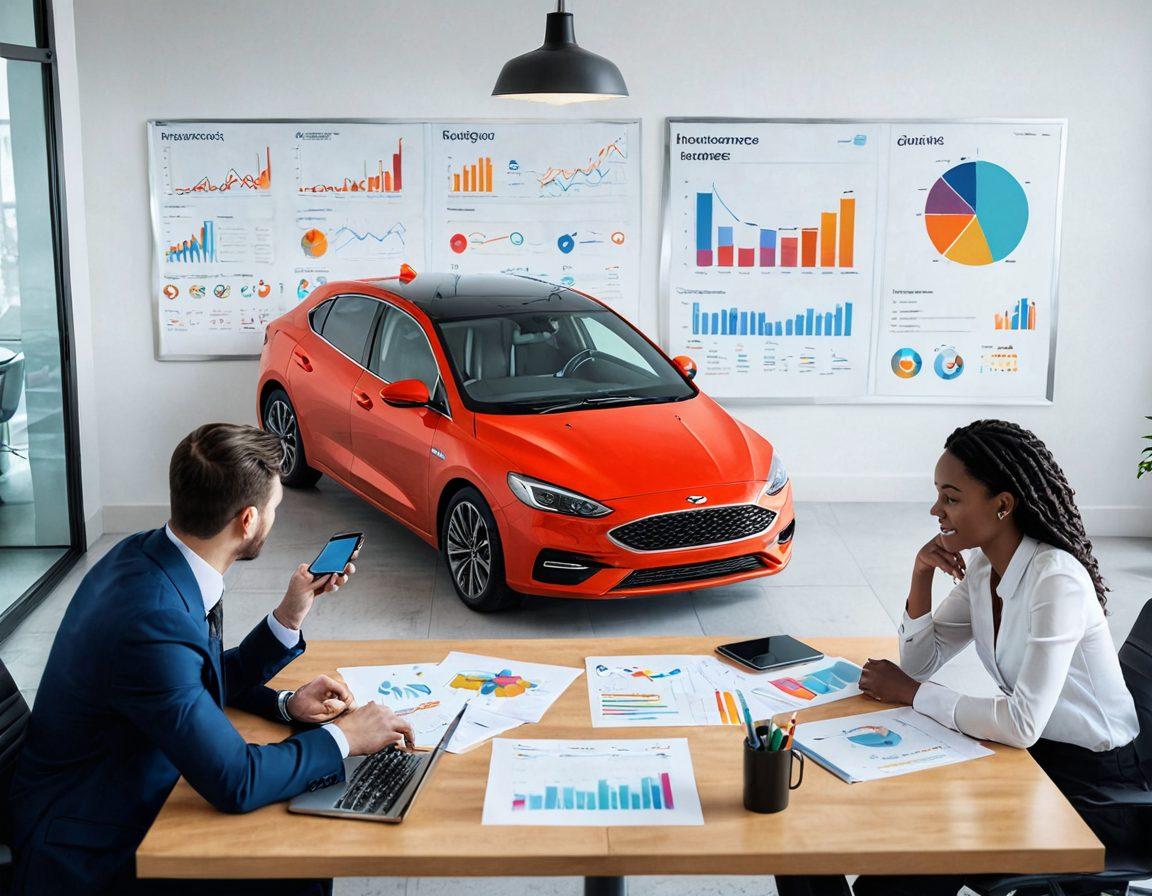 A visually engaging scene showcasing a diverse group of people comparing car insurance options at a digital table filled with colorful charts, calculators, and car models. Include animated icons representing savings, coverage options, and comparison features. Bright and inviting colors to symbolize clarity and ease in finding affordable insurance. Create a captivating atmosphere that signifies empowerment and informed decision-making. super-realistic. vibrant colors. white background.